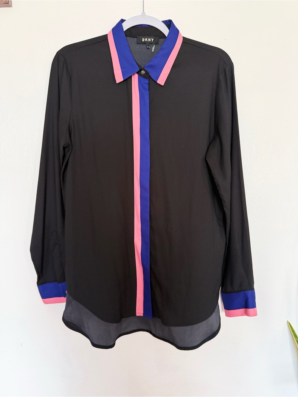 DKNY Black Blouse with Pink and Royal Blue Trim